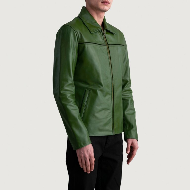 Mens Mystical Green Leather Jacket Side Pose-3-1724140203206